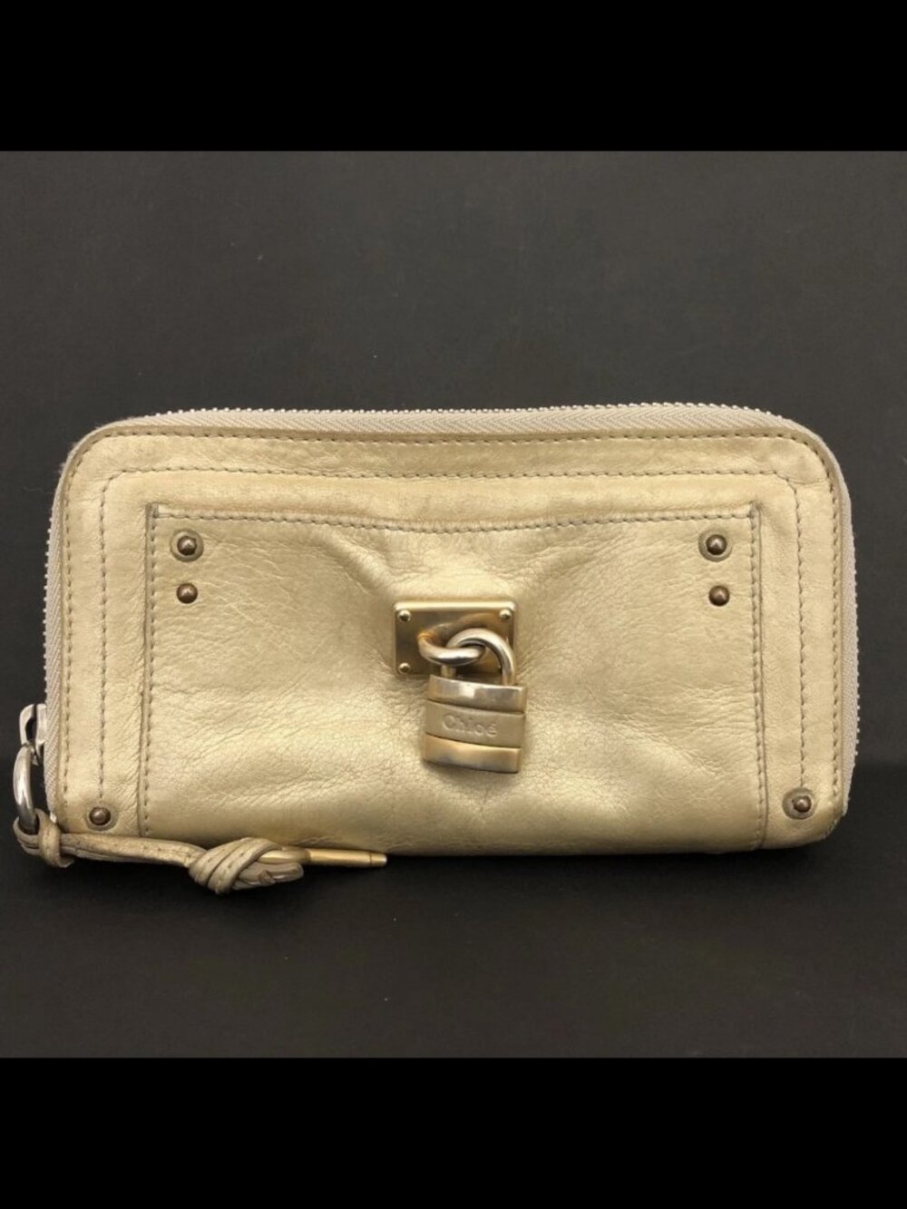 Chloé Metallic Beige/Light Gold Leather Zip-Around Wallet with Padlock